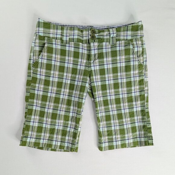 Y2k Roxy Green Black White Plaid Low Rise Bermuda Shorts - Picture 1 of 8